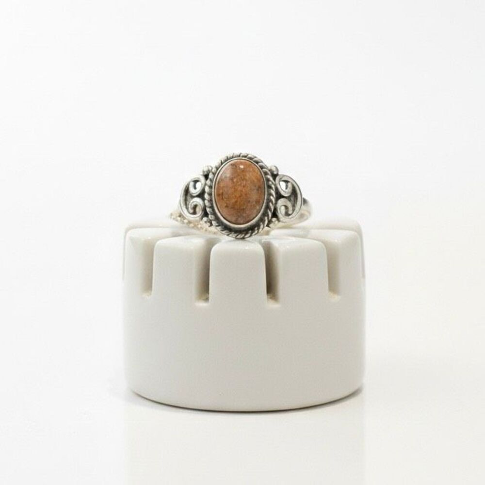 Boho Southwestern Style Silver Filigree Ring with Natural Earth-Tone Cabochon